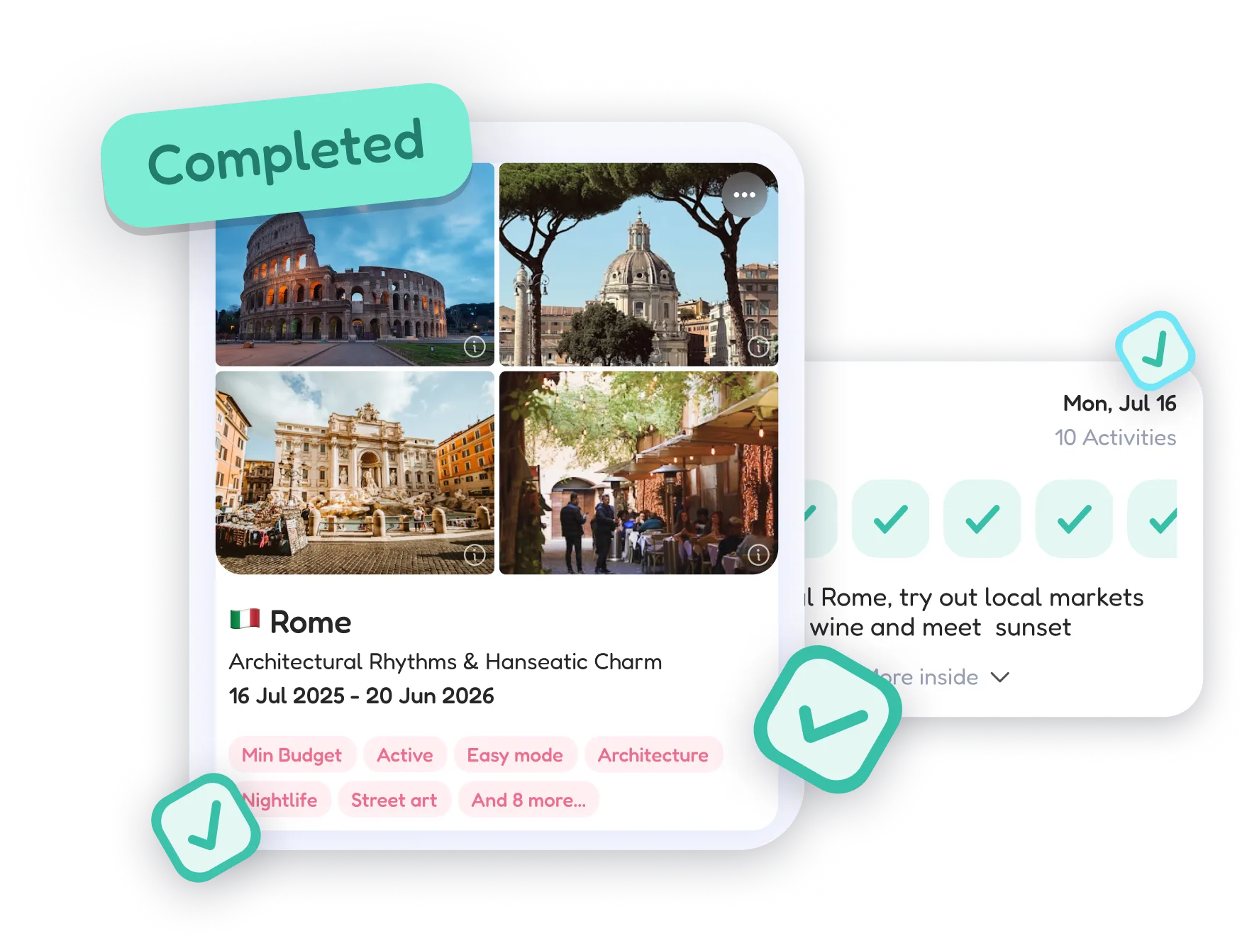 FlapTrip trip progress with completed days and visited places in Rome