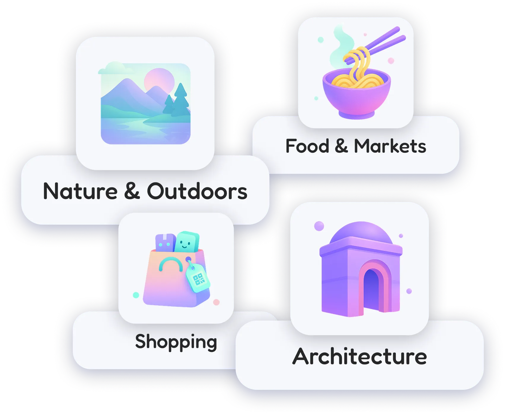 Choosing interests in FlapTrip: Nature & Outdoors, Food & Markets, Shopping, Architecture