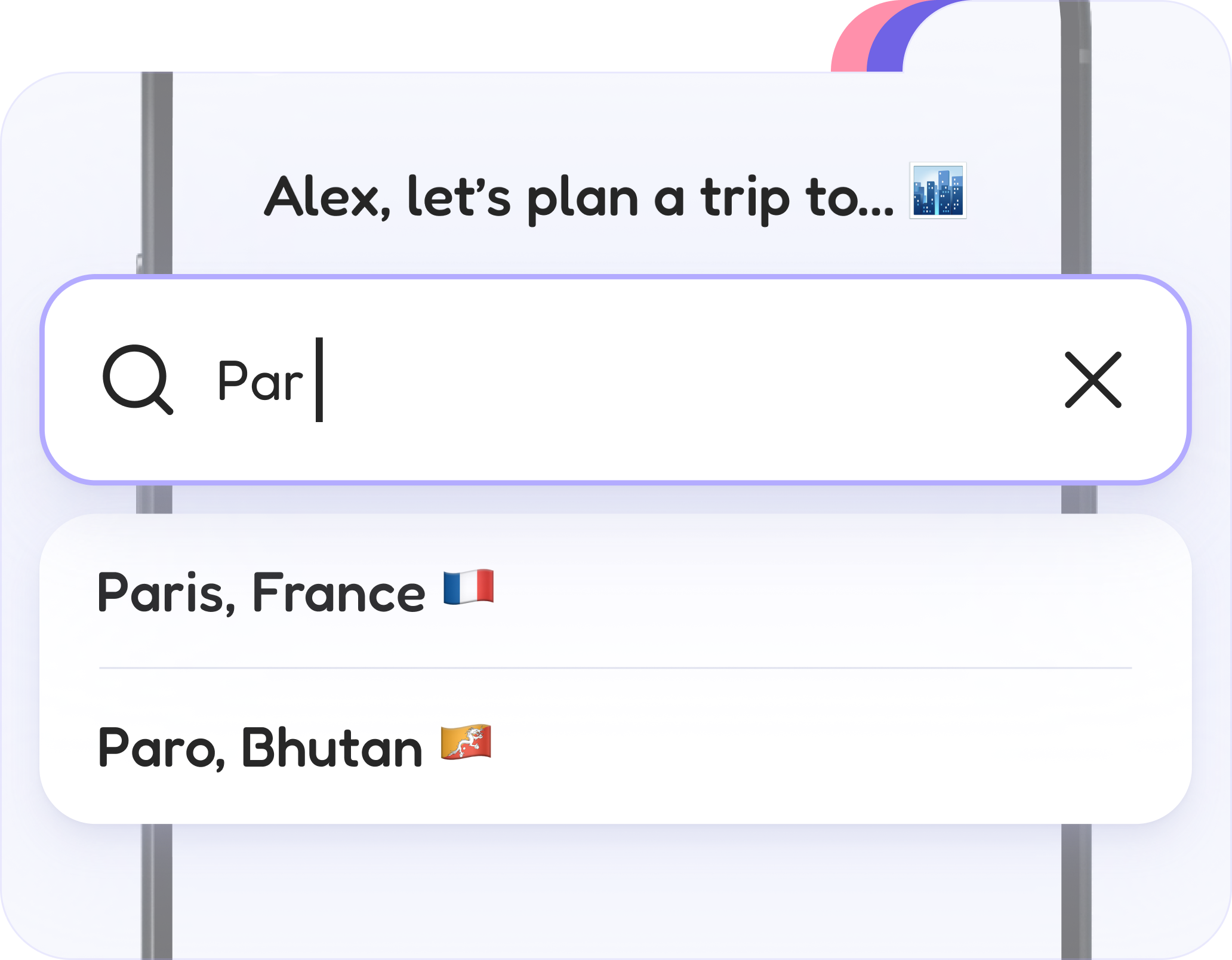 FlapTrip city search suggesting Paris, France and Paro, Bhutan