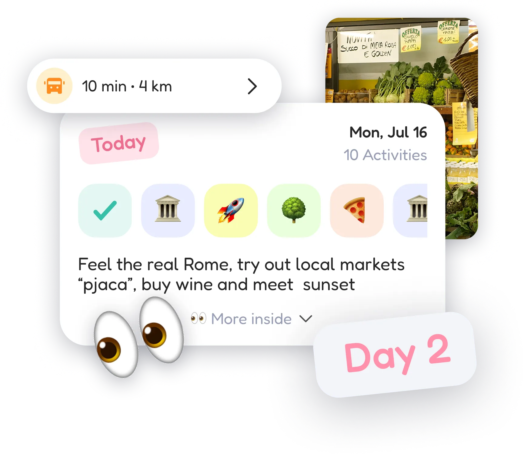 A FlapTrip day-by-day itinerary showing activities for the current day