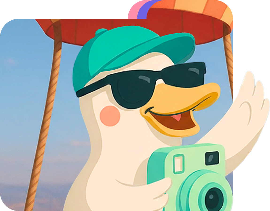 Flaptrip mascot waving with a camera