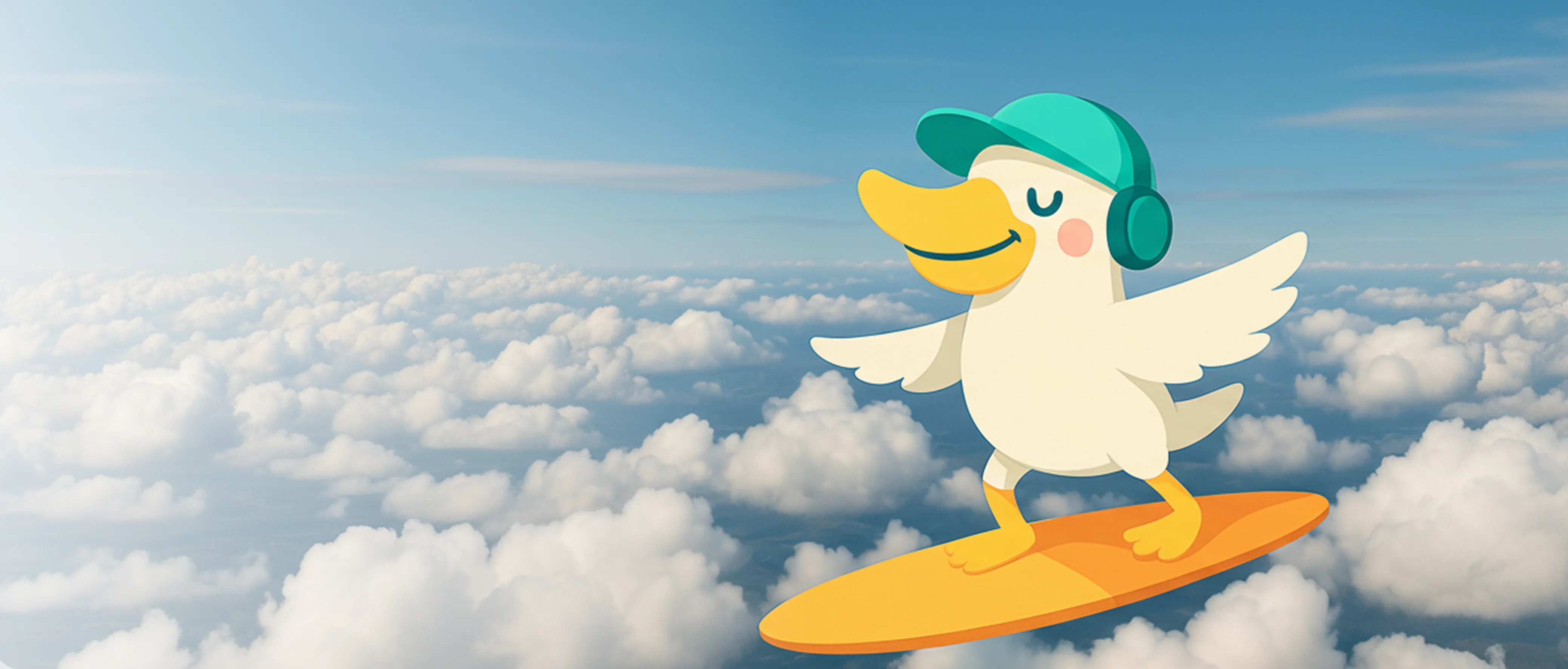 Flappy the duck surfing on a board above the clouds