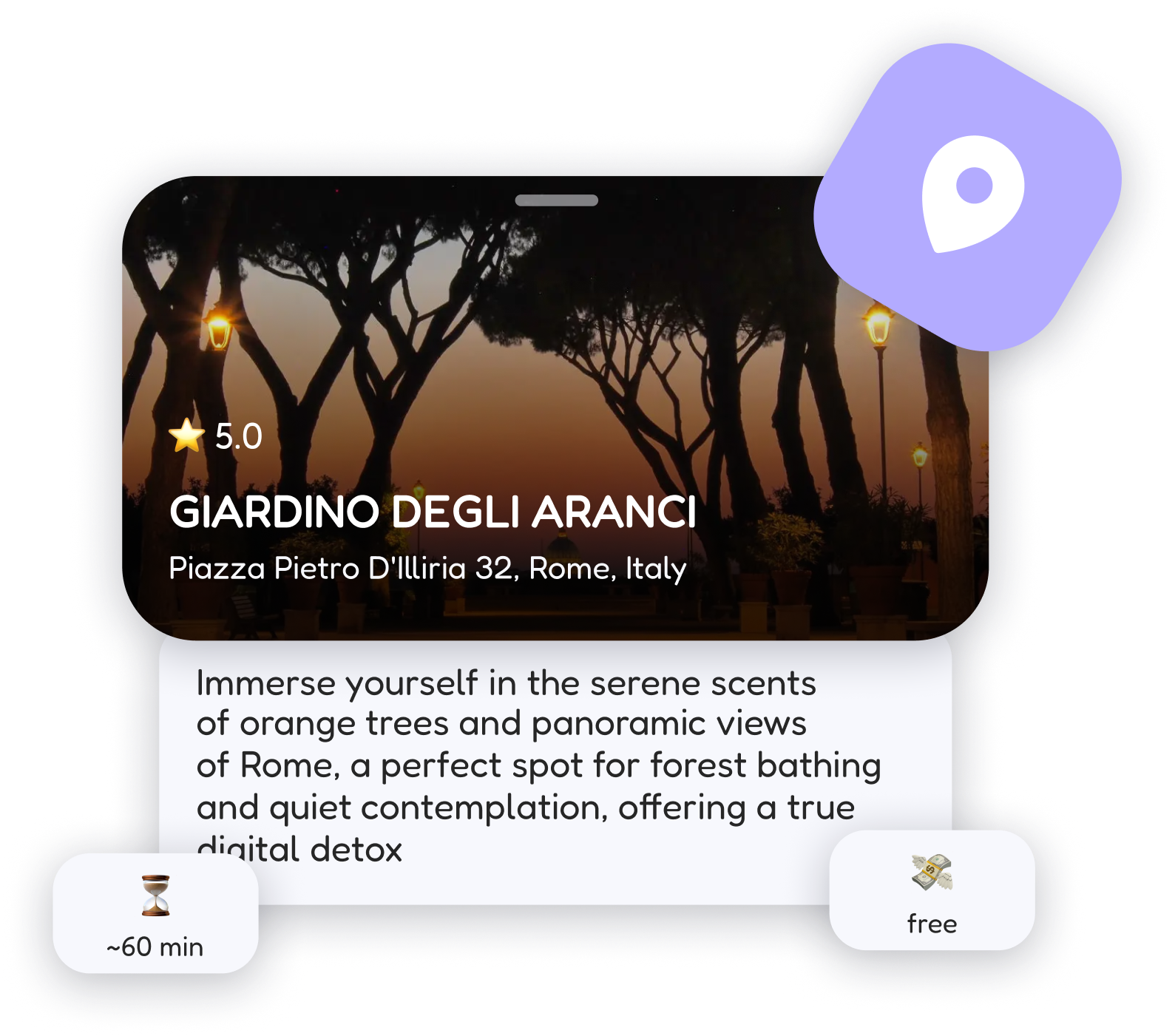 A FlapTrip place card for Giardino degli Aranci in Rome with rating, budget and map link