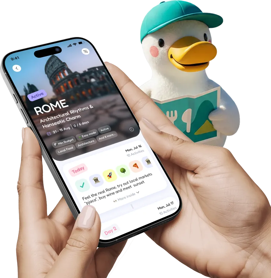 A traveller holding a phone showing a Rome day-by-day plan in FlapTrip, with Flappy the duck mascot holding a map