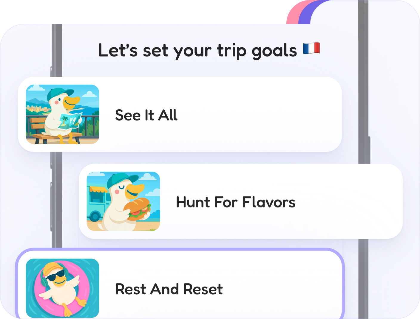 Choosing trip goals in FlapTrip: See It All, Hunt For Flavors, Rest And Reset