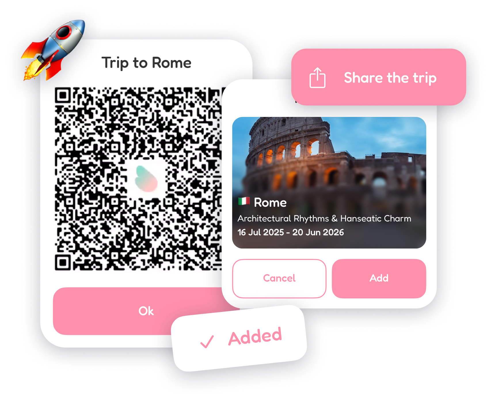 Sharing a Rome trip in FlapTrip with a QR code and an editable copy