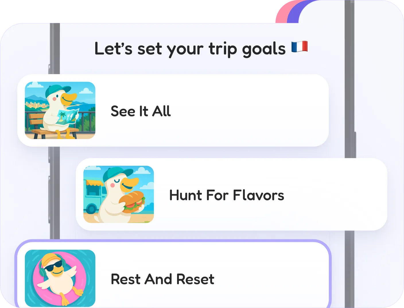 Choosing trip goals in FlapTrip: See It All, Hunt For Flavors, Rest And Reset